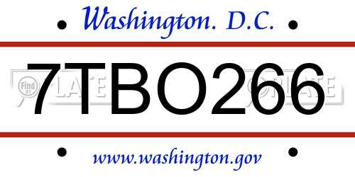 7TBO266 District Of Columbia License Plate