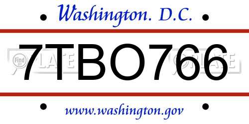 7TBO766 District Of Columbia License Plate