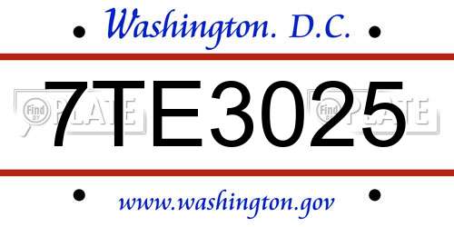 7TE3025 District Of Columbia License Plate