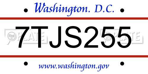 7TJS255 District Of Columbia License Plate