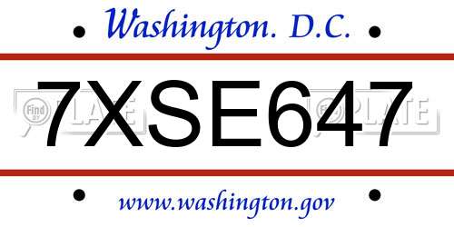 7XSE647 District Of Columbia License Plate
