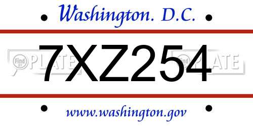 7XZ254 District Of Columbia License Plate