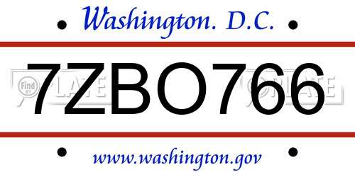 7ZBO766 District Of Columbia License Plate
