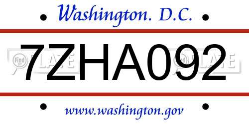 7ZHA092 District Of Columbia License Plate