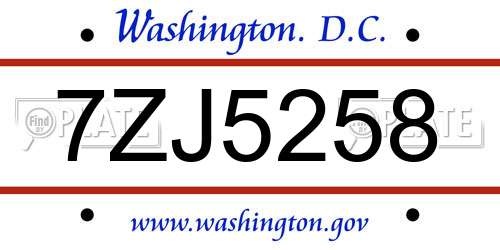 7ZJ5258 District Of Columbia License Plate