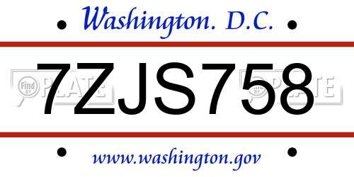 7ZJS758 District Of Columbia License Plate