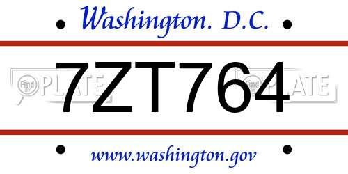 7ZT764 District Of Columbia License Plate