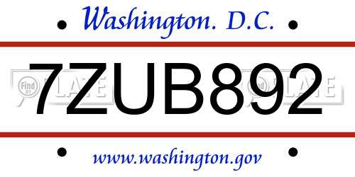 7ZUB892 District Of Columbia License Plate