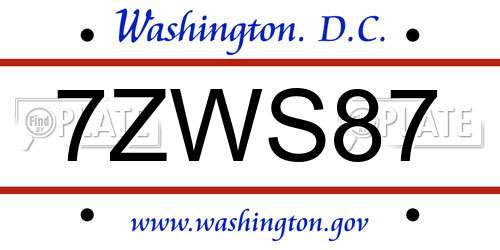 7ZWS87 District Of Columbia License Plate
