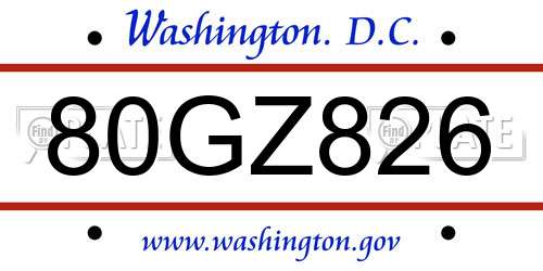 80GZ826 District Of Columbia License Plate