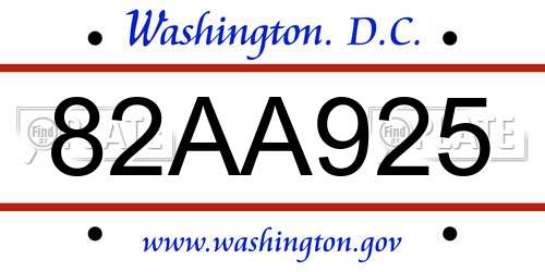 82AA925 District Of Columbia License Plate