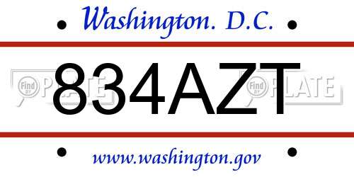 834AZT District Of Columbia License Plate