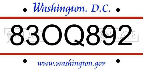 83OQ892 District Of Columbia License Plate