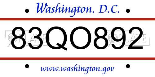 83QO892 District Of Columbia License Plate