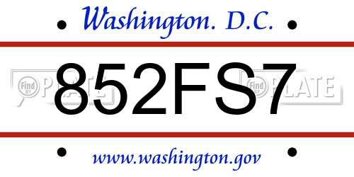 852FS7 District Of Columbia License Plate
