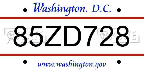 85ZD728 District Of Columbia License Plate