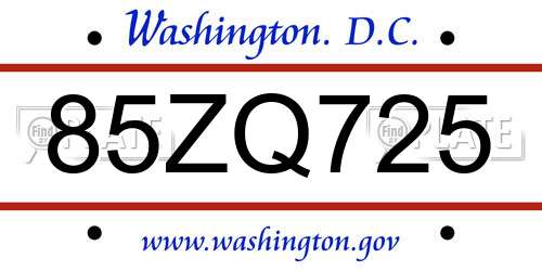 85ZQ725 District Of Columbia License Plate