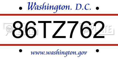 86TZ762 District Of Columbia License Plate