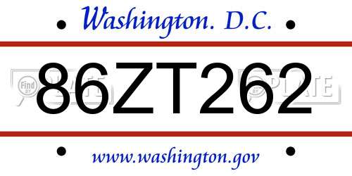 86ZT262 District Of Columbia License Plate