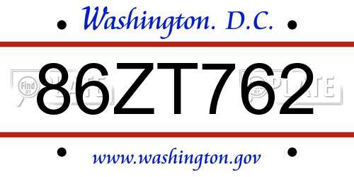 86ZT762 District Of Columbia License Plate