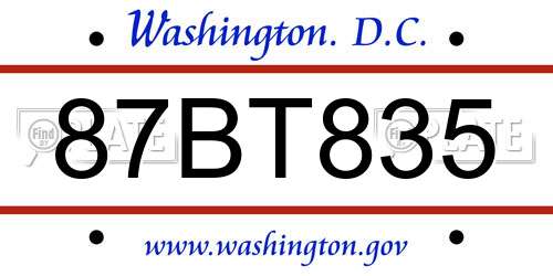 87BT835 District Of Columbia License Plate