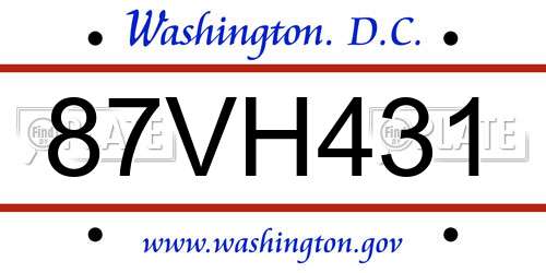 87VH431 District Of Columbia License Plate