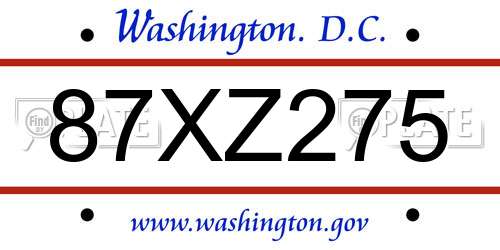 87XZ275 District Of Columbia License Plate
