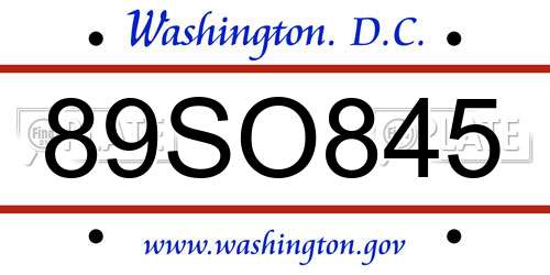 89SO845 District Of Columbia License Plate