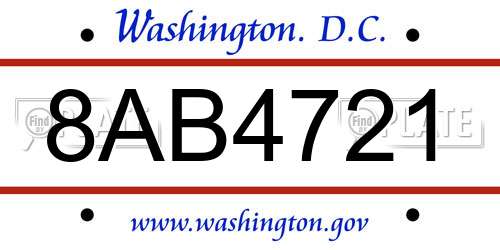 8AB4721 District Of Columbia License Plate