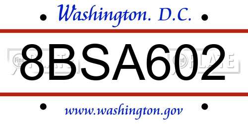 8BSA602 District Of Columbia License Plate
