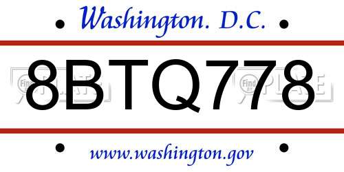 8BTQ778 District Of Columbia License Plate