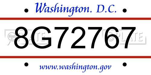8G72767 District Of Columbia License Plate