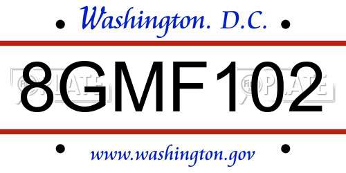 8GMF102 District Of Columbia License Plate