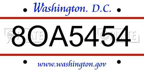 8OA5454 District Of Columbia License Plate