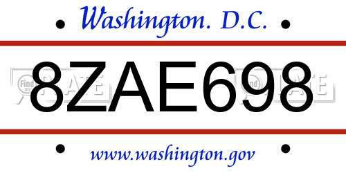 8ZAE698 District Of Columbia License Plate