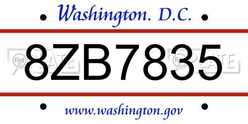8ZB7835 District Of Columbia License Plate
