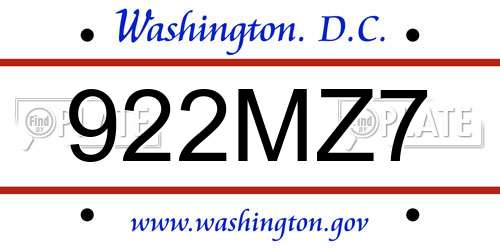 922MZ7 District Of Columbia License Plate