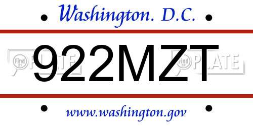 922MZT District Of Columbia License Plate