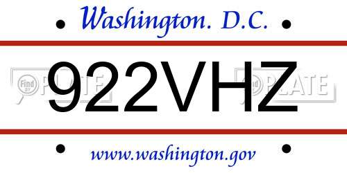 922VHZ District Of Columbia License Plate