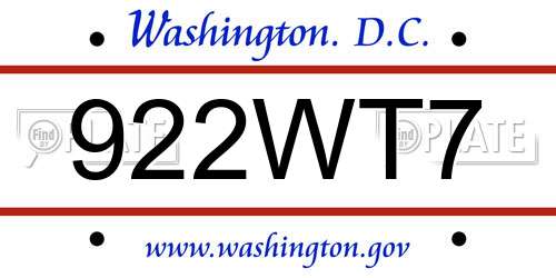 922WT7 District Of Columbia License Plate