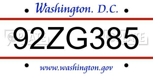 92ZG385 District Of Columbia License Plate