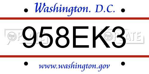 958EK3 District Of Columbia License Plate