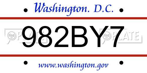 982BY7 District Of Columbia License Plate