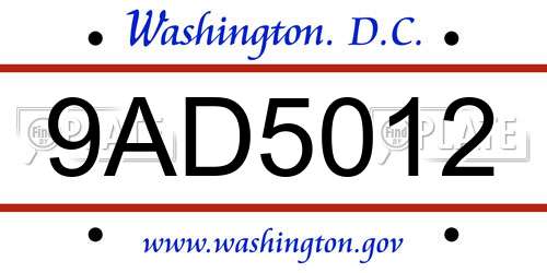 9AD5012 District Of Columbia License Plate