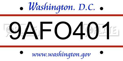 9AFO401 District Of Columbia License Plate