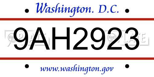 9AH2923 District Of Columbia License Plate