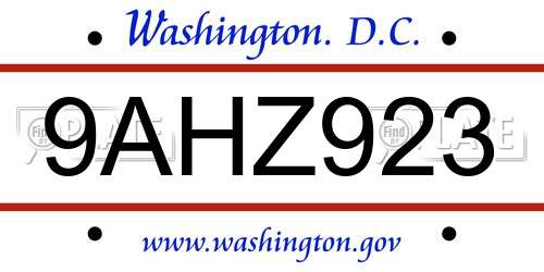9AHZ923 District Of Columbia License Plate