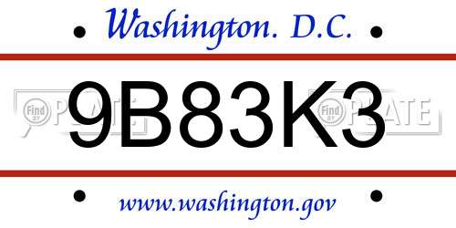 9B83K3 District Of Columbia License Plate
