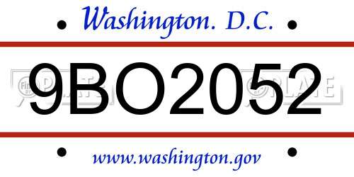 9BO2052 District Of Columbia License Plate