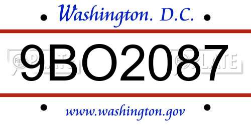 9BO2087 District Of Columbia License Plate